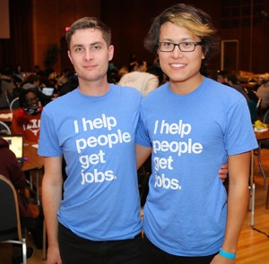 Rice U CS alumni Aaron Roe (right) and Andrew Capshaw represented Indeed.com, one of the sponsors for HackRice 2016.