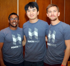 Three members of the HackRice leadership team, Krishna Thiagarajan (left), "X" Liu, and Jake Peacock,.