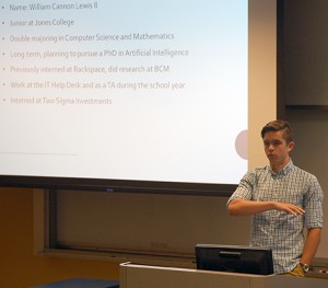 Lewis describes his internship in a Lunch-and-Learn presentation at Rice.